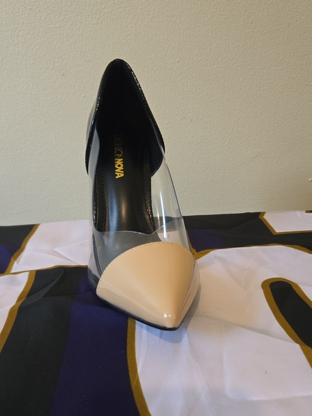 Clear Pointed-Toe Pumps with Beige Cap Toe